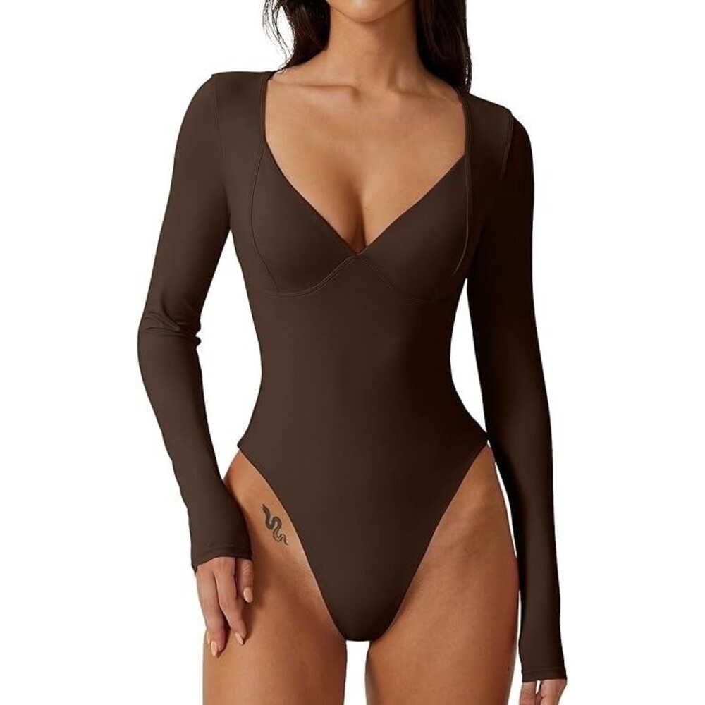 Long‎ Sleeve Bodysuit V Neck Body Suits Seamed Cup Going Out Tops Shirt